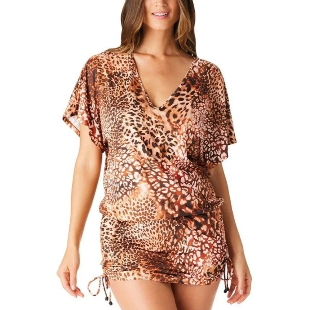 Bar III L Glam Cheetah Adjustable Side Cover-Up Caftan Swimwear Sheer Dress